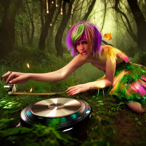 Prompt: a beautiful fairy dj playing turntables in a rave party at a magical forest, concept style trending on artstation concept art detailed octane render cinematic photo - realistic 8 k high detailed