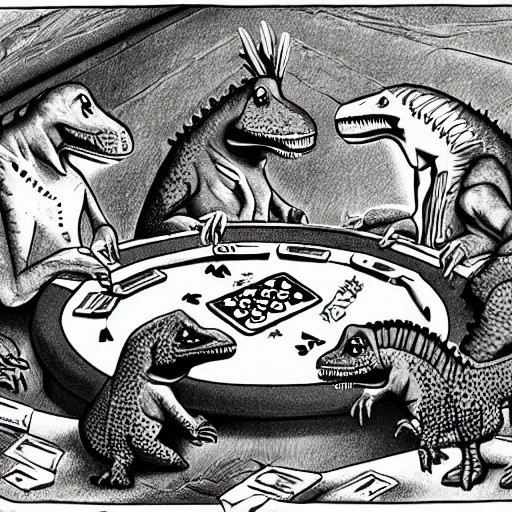 Prompt: Dinosaurs playing poker at the prehistoric dawn cave casino drawn with a left hand.