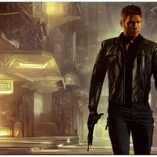 Image similar to a detailed full bodied 3 d render of an extremely handsome jensen ackles as the terminator walking down a dark alley futuristic sci fi city, holding a glowing futuristic crossbow, volumetric lighting, octane render, 8 k, art by greg rutkowski and albert bierstadt and alphones mucha