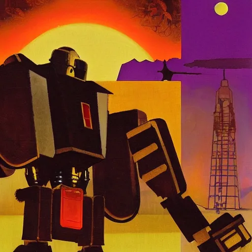 Image similar to a fullmetal wired robot is reading the forbidden intimate diary of sophia aeon, the background is the purple sunset over santiago of chile, hanafuda oil on canvas by dave mckean