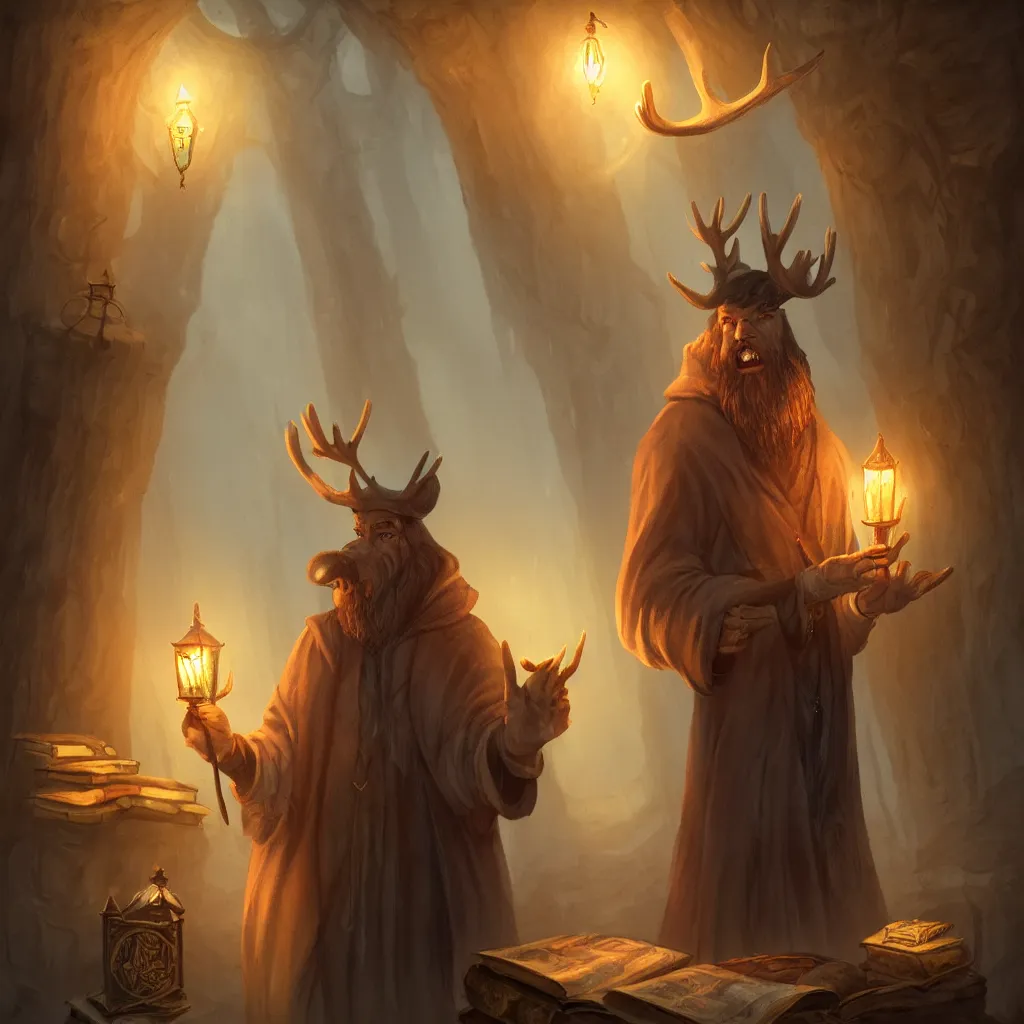 Prompt: character design portrait of a moose wizard with a long white beard in a magic cloak and magic hat, in the background an old attic full of magic scrolls and old books, matte painting, fantasy illustration, warm lantern light, dusty atmosphere