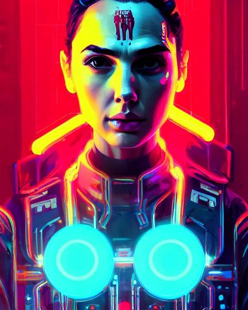 Image similar to detailed portrait Gal Gadot Neon Operator Girl, cyberpunk futuristic neon, reflective puffy coat, decorated with traditional Japanese ornaments by Ismail inceoglu dragan bibin hans thoma greg rutkowski Alexandros Pyromallis Nekro Rene Maritte Illustrated, Perfect face, fine details, realistic shaded, fine-face, pretty face