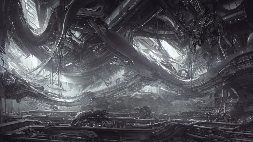 Prompt: a Photorealistic dramatic hyperrealistic,hyper detailed render of an Epic Sci-Fi, Gigantic Alien xenomorph spaceship inside huge interior hangar,intricate bio mechanical surface details in a top secret research facility,many tubes and cables hanging from the ceiling by Greg Rutkowski,Craig Mullins,ILM,Beautiful dynamic dramatic moody lighting,Volumetric,Cinematic Atmosphere,Octane Render,Artstation,8k