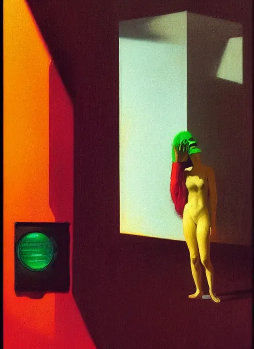 Prompt: woman with a traffic light head laughing Edward Hopper and James Gilleard, Zdzislaw Beksinski highly detailed
