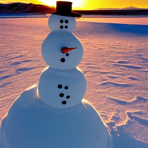 Image similar to there is a snowman made of snow in the desert, he is building a snowman from sand, golden hour, beautiful photography