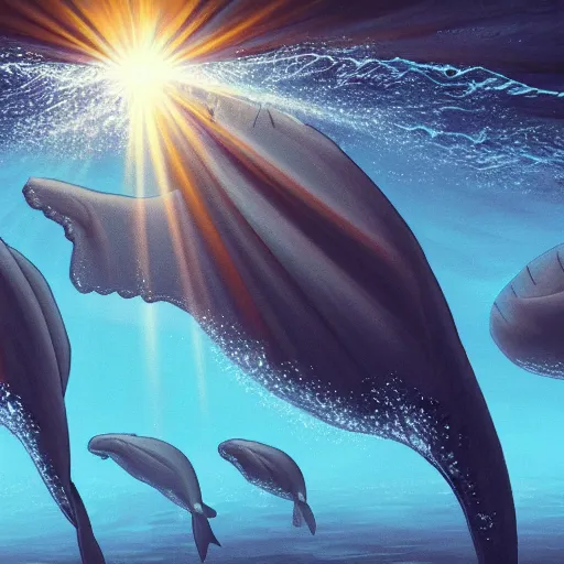 Image similar to Looking up at a pod of whales underwater, the sun shines through them, intricate, highly detailed, digital painting, artstation, concept art