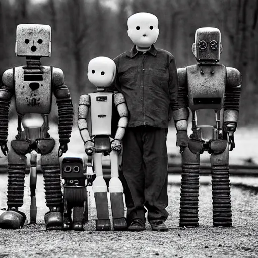 Image similar to the most creepy family photo of robots, with a robot dog, 200mm lens, post apocalyptic, sadness, depression, screaming, crying, auschwitz camp