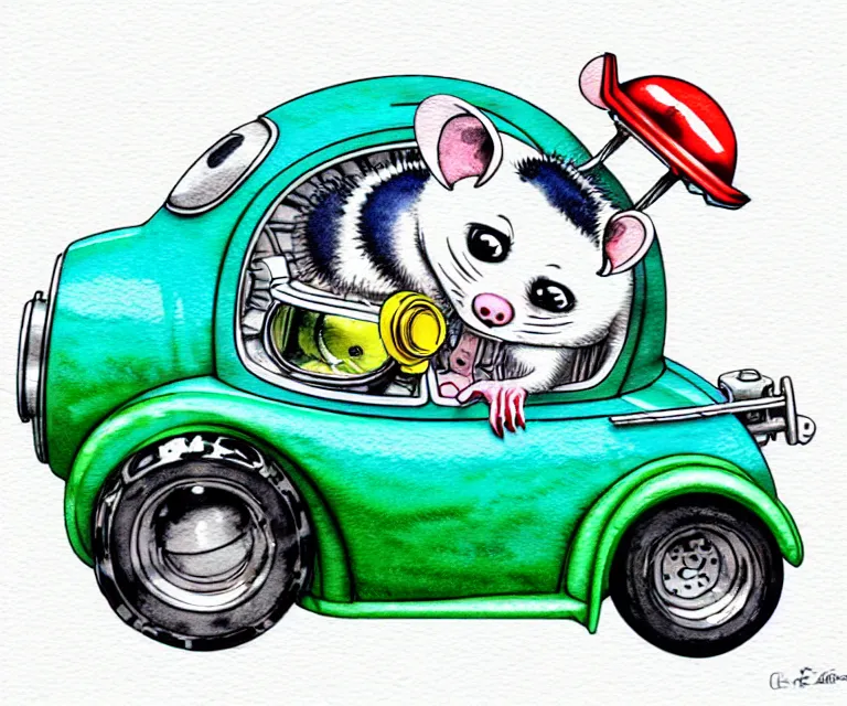Prompt: cute and funny, opossum wearing a helmet riding in a tiny hot rod with oversized engine, ratfink style by ed roth, centered award winning watercolor pen illustration, isometric illustration by chihiro iwasaki, edited by range murata, tiny details by artgerm and watercolor girl, symmetrically isometrically centered, focused