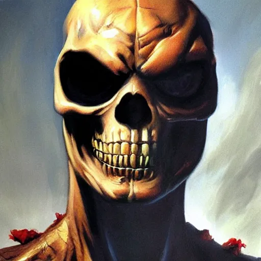 Image similar to ultra realistic portrait painting of skeletor as spiderman, art by frank frazetta, 4 k, ultra realistic, highly detailed, epic lighting