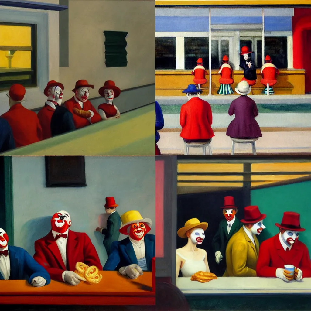 Prompt: a painting of clowns waiting at McDonalds by Edward Hopper