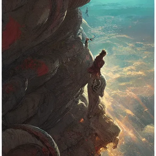 Image similar to angel protecting man falling from a cliff, detailed intricate ink illustration, happy atmosphere, detailed illustration, hd, 4k, digital art, overdetailed art, by greg rutkowski, by loish, complementing colors, Trending on artstation, movie poster style