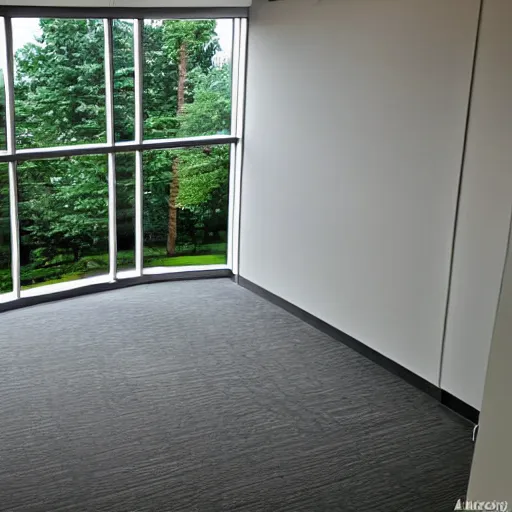 Prompt: corporate office building mailroom, large floor to ceiling windows, view of a beautiful unspoiled woodland