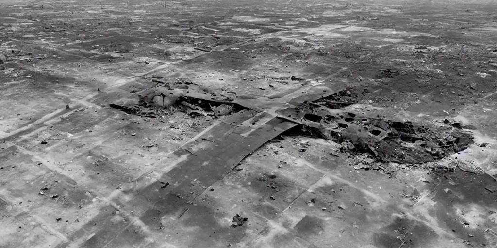 Prompt: aerial view of a bombed air base, craters, destruction, damaged planes, hyperrealistic, photorealistic, detailed