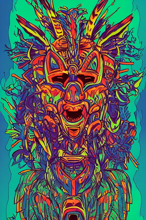 Image similar to totem animal mask tribal feather gemstone plant wood rock shaman vodoo video game vector illustration vivid multicolor borderlands comics by josan gonzales and dan mumford radiating a glowing aura