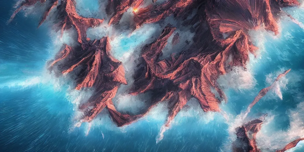 Image similar to fantasy painting of a volcano in the middle of a vast ocean, intricate abstract. delicate artwork. by tooth wu, wlop, beeple, dan mumford. octane render, trending on artstation, greg rutkowski very coherent symmetrical artwork. cinematic, hyper realism, high detail, octane render, 8 k, depth of field, bokeh. chrome accents.