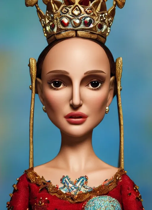 Image similar to closeup face profile portrait of tin toy natalie portman as a blonde fairytale princess wearing a crown eating cakes, bikini, depth of field, zeiss lens, detailed, symmetrical, centered, fashion photoshoot, by nicoletta ceccoli, mark ryden, lostfish, breathtaking, 8 k resolution, extremely detailed, beautiful, establishing shot, artistic, hyperrealistic, octane render