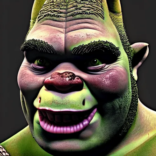 Prompt: a highly detailed, shrek, intricate, death, fear, horror, by caravaggio, hyperrealism, artstation, fine details, unreal engine