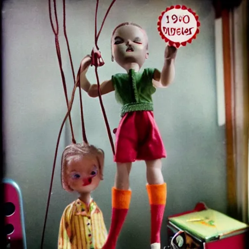 Image similar to 1 9 5 0 s, evil children toys on strings, coming to life, doll phobia, horror, jump scare, pov, polaroid,