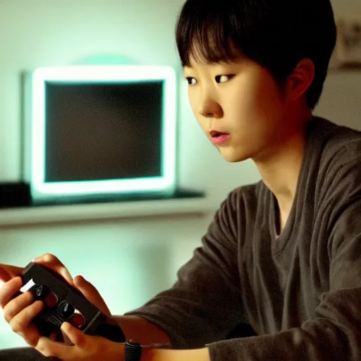 Prompt: a still of HoYeon Jung playing with a NES controller, in the movie Minority Report (2002), highly detailed and intricate, cinematic lighting, 4k HDR