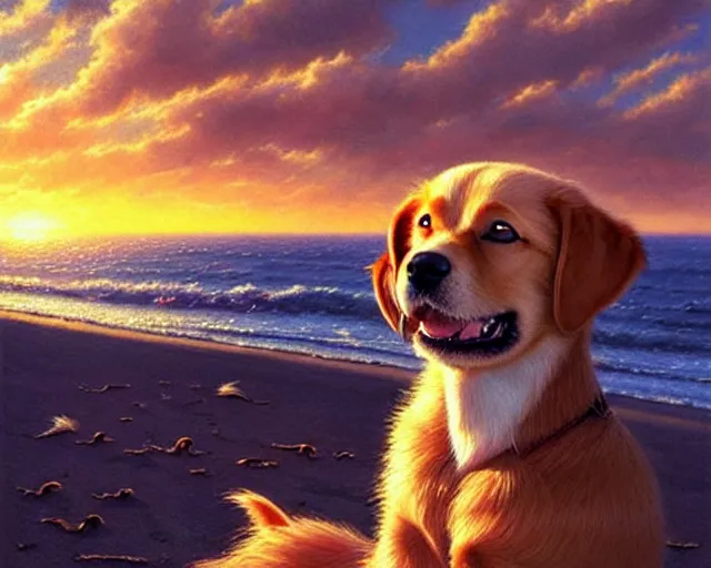 Image similar to a cute smiling puppy with its eyes shut on a very windy day, at the sea, wind blowing through the dogs fur, strong wind, closed eyes, highly detailed, hyperrealistic, intricate, sunset in the background, rays of golden red sunlight, oil painting by greg rutkowski and artgerm and wlop