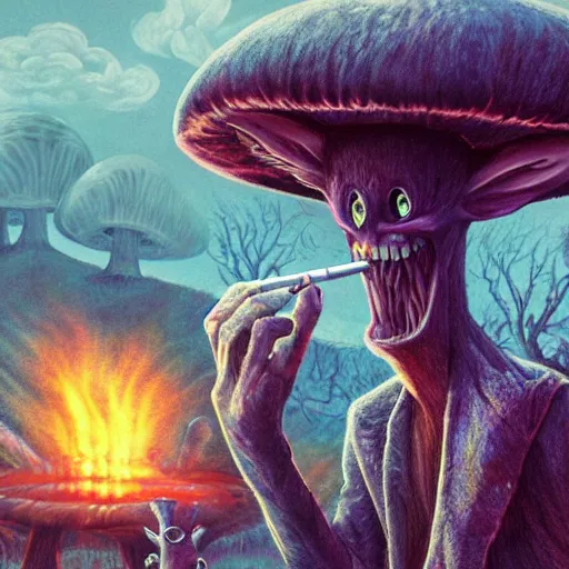 Image similar to 4 k headshot portrait of a psychedelic demonic anthropomorphic wendigo smoking a hand - rolled cigarette smoking heavily, magic mushroom village in background. award winning. superb resolution. in the art style of junji ito and greg rutkowski. detailed mushroom city in background. hyper realistic anime. perfect art. dalle 2