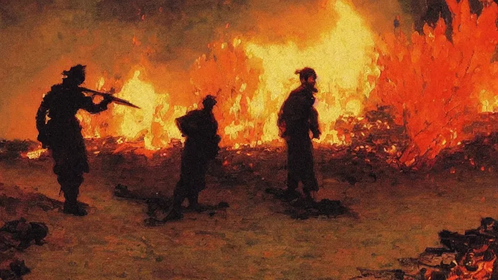Prompt: high quality high detail painting by ilya repin, silhouette of man standing in front of an epic fire and explosions, war, hd