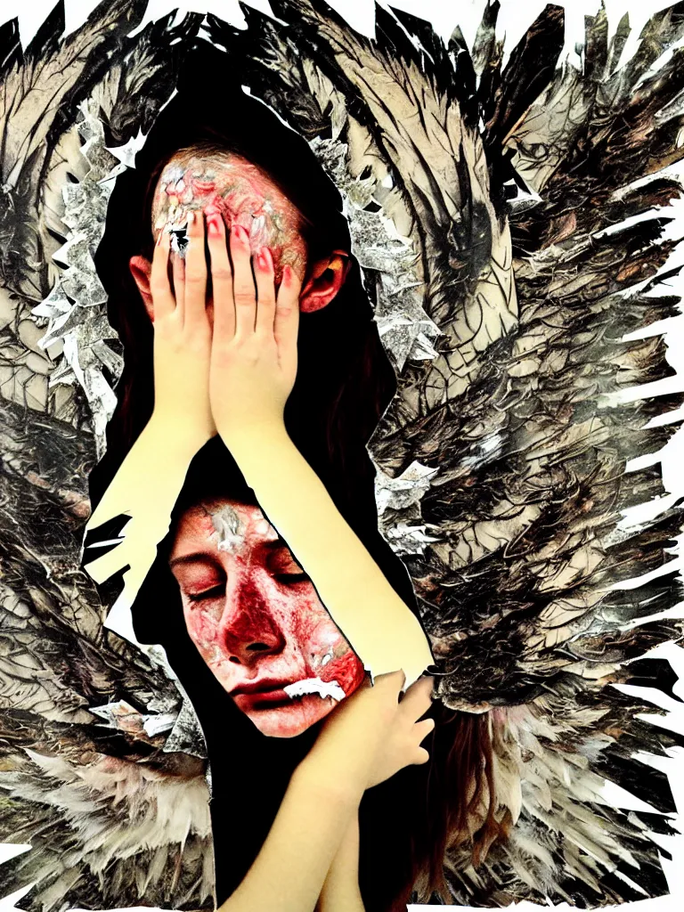 Image similar to a young adult angelgirl soft crying with lots of hands on her face and ratty feathered angel wings, stressed and burnt out, collage effect, collaged, torn paper, torn paper collage, overexposure, overexposed, high exposure