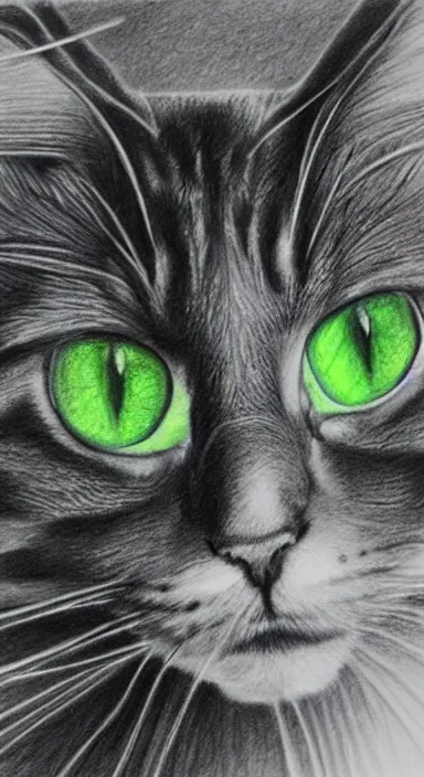 Prompt: highly detailed realistic pencil sketch portrait of a beautiful cat with big green eyes in front of the universe