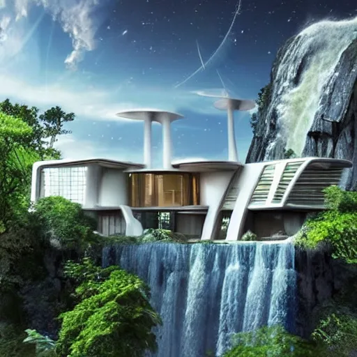 Image similar to a futuristic modern house, on a floating rock island, alien planet covered in water, multiple waterfalls, multiple moons glowing, stars, frank gehry