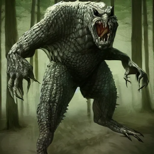 Prompt: werecreature consisting of a human and crocodile in a forest, trending on artstation