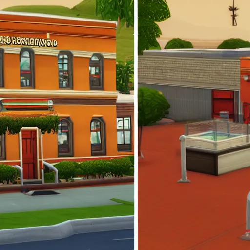 Image similar to Los Pollos Hermanos restaurant from Breaking Bad faithfully recreated in The Sims 4