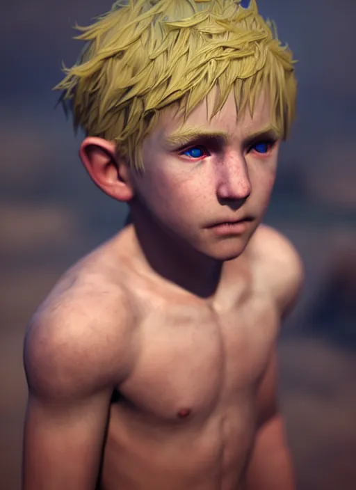 Image similar to ( ( ( ( ( hyperrealist cg of an epic fantasy blonde boy wearing thieves clothing ) ) ) ) ) by daniel f. gerhartz and matt stewart, fantasy, photorealistic, octane render, unreal engine, dynamic lighting, perfect factions, very detailed faces, trending on artstation, poster, volumetric lighting, 4 k, award winning