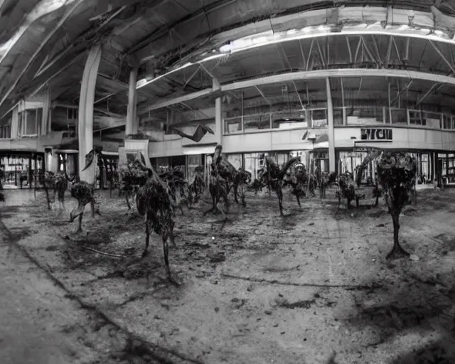 Prompt: camera footage of a Hundreds of Rabid Zerg in an abandoned shopping mall, high exposure, dark, monochrome, camera, grainy, CCTV, security camera footage, timestamp, zoomed in, fish-eye lens, Nightmare Fuel, Evil, Zerg, Brood Spreading, horrifying, lunging at camera :4