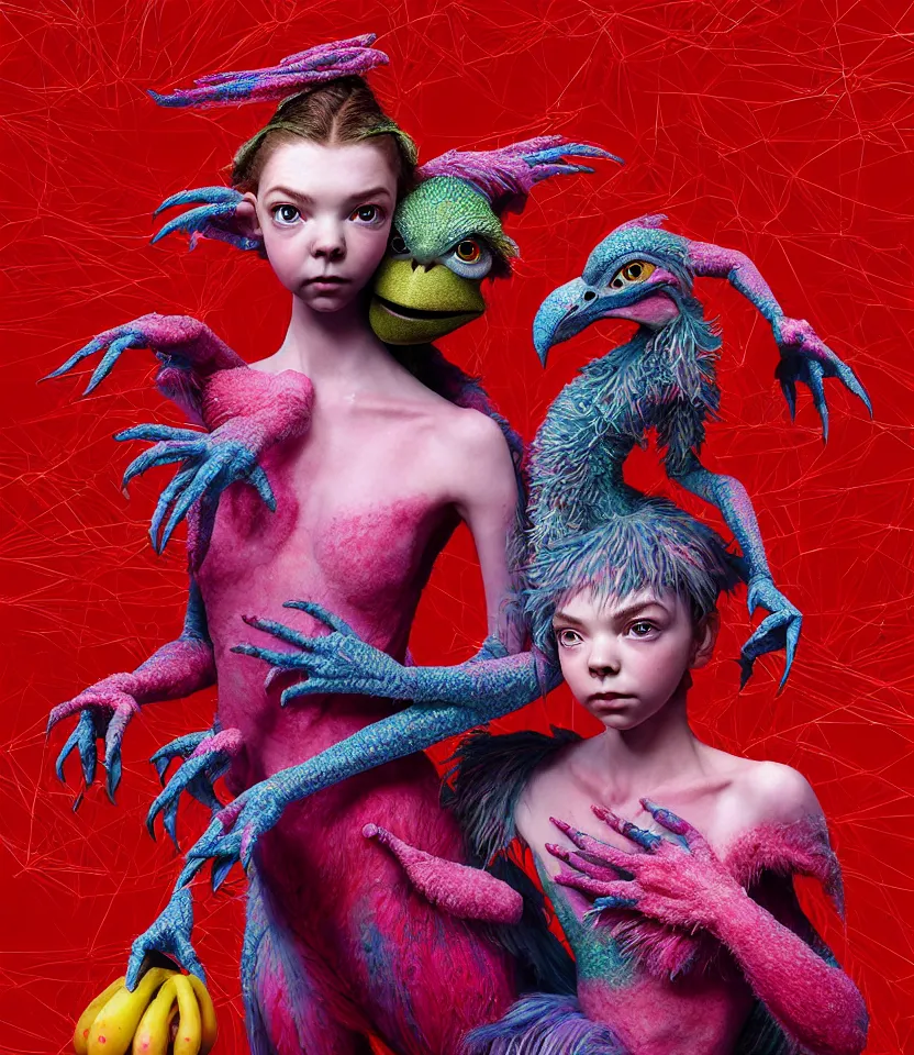 Prompt: hyper detailed 3d render like a Oil painting - kawaii portrait of two Aurora (a beautiful girl skeksis muppet fae princess protective playful expressive acrobatic from dark crystal that looks like Anya Taylor-Joy) seen red carpet photoshoot in UVIVF posing in scaly dress to Eat of the Strangling network of yellowcake aerochrome and milky Fruit and His delicate Hands hold of gossamer polyp blossoms bring iridescent fungal flowers whose spores black the foolish stars by Jacek Yerka, Ilya Kuvshinov, Mariusz Lewandowski, Houdini algorithmic generative render, golen ratio, Abstract brush strokes, Masterpiece, Edward Hopper and James Gilleard, Zdzislaw Beksinski, Mark Ryden, Wolfgang Lettl, hints of Yayoi Kasuma and Dr. Seuss, octane render, 8k