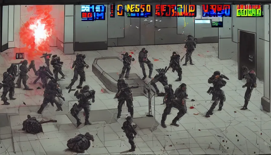 Prompt: 1988 Video Game Screenshot, Anime Neo-tokyo Cyborg bank robbers vs police, Set inside of the Bank Lobby, Multiplayer set-piece in bank lobby, Tactical Squad :9, Police officers under heavy fire, Police Calling for back up, Bullet Holes and Realistic Blood Splatter, :6 Gas Grenades, Riot Shields, Large Caliber Sniper Fire, Chaos, Anime Cyberpunk, Anime Bullet VFX, Anime Machine Gun Fire, Violent Action, Sakuga Gunplay, Shootout, :7 Inspired by Escape From Tarkov + Intruder + The Specialist + Akira :15 by Katsuhiro Otomo: 19