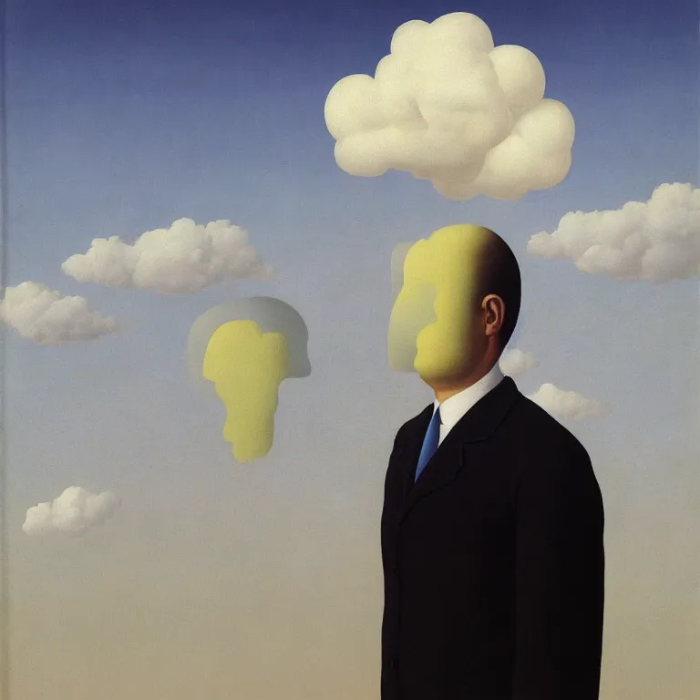 Image similar to portrait of a man whos head is a cloud, his head is hidden with cloud, by rene magritte, detailed painting, hd, hq, high resolution, high detail, 4 k, 8 k