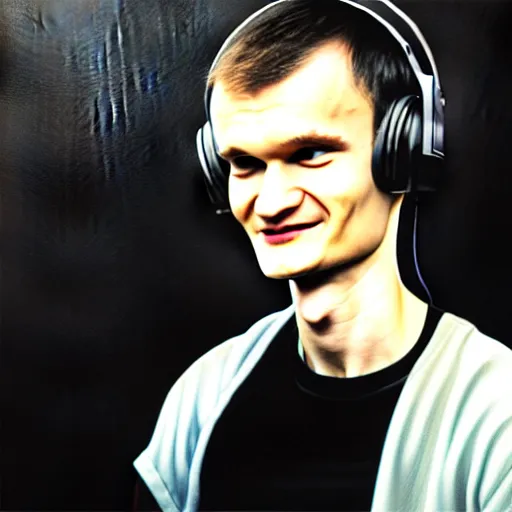 Prompt: vitalik buterin in big headphones with closed eyes listens to music and smiles with black background, wayne barlow, bao pham, donato giancola, larry elmore, masterpiece, trending on artstation, featured on pixiv, cinematic composition, beautiful lighting, sharp, details, hyper - detailed, hdr, 4 k, 8 k