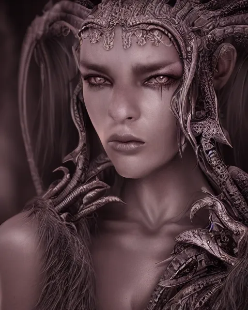 Image similar to beautiful insanely detailed portrait of a dark rhabdomancer female, 35mm, cinematic shot, photorealistic, hard light, depth of field