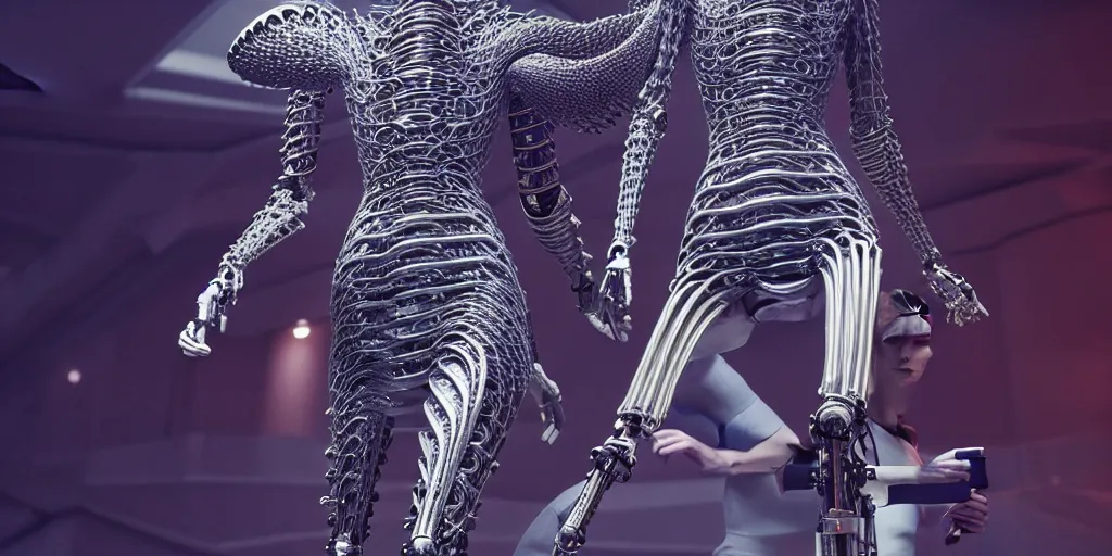 Image similar to walking down the catwalk, star base, vogue photo, podium, fashion show photo, iris van herpen baroque dress, beautiful woman, perfect body, full body shot, helmet on face, inflateble shapes, masterpiece, guyver, biomechanical details, denis villeneuve, movie still, fauvism, cinestill, bokeh, artstation