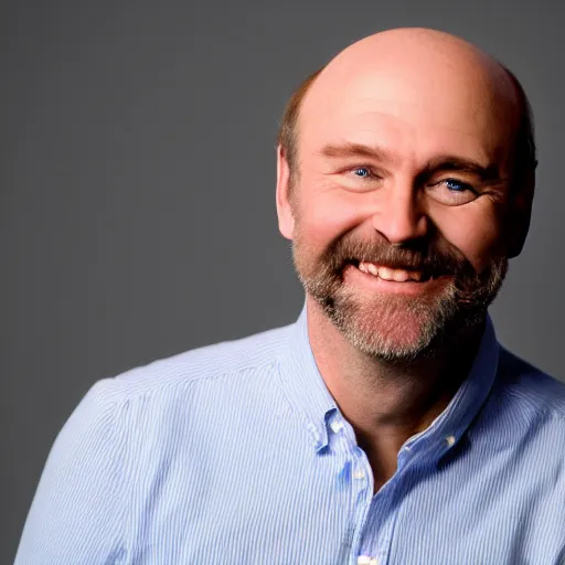Image similar to color photograph of a balding middle aged hairy blue eyed round faced white man dressed in a white shirt and grey pants and black dress shoes smiling at the camera with perfect straight white teeth