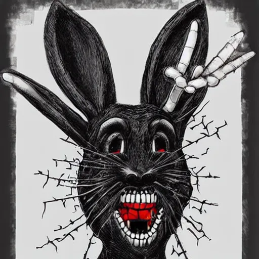 Prompt: A extremely highly detailed majestic hi-res beautiful, highly detailed head and shoulders portrait of a scary terrifying, horrifying, creepy maniacal crazy black cartoon rabbit with scary big eyes, earing a shirt laughing maniacally , let's be friends, in the style of Walt Disney