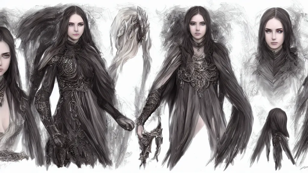 Image similar to concept art sheet, photorealistic symmetrical beautiful young female priestess with shiny hair wearing full intricate clothing, intricate, cg society, Elden Ring, darksouls, bloodborne