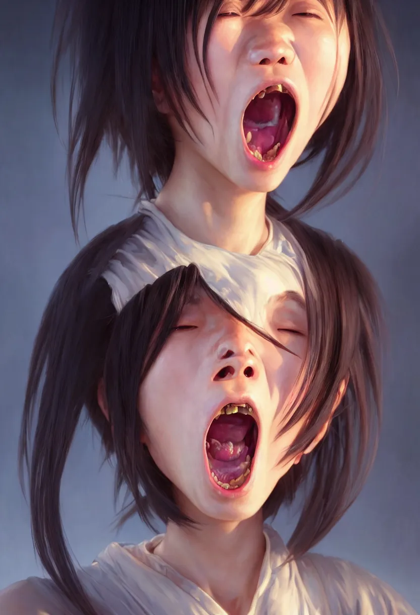Prompt: beautiful render, waist up portrait of a futuristic cute japanese teenager screaming in anger and frustration, intricate, elegant, highly detailed, digital painting, artstation, concept art, smooth, sharp focus, octane render, dramatic lighting, symmetry, symmetrical face, one head, headshot, art by artgerm and greg rutkowski and alphonse mucha and wlop