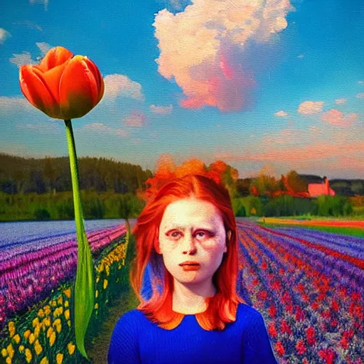 Image similar to girl with a single giant tulip as a head, surreal photography, flower field, sunset dramatic light, impressionist painting, colorful clouds, blue sky, digital painting, artstation, simon stalenhag