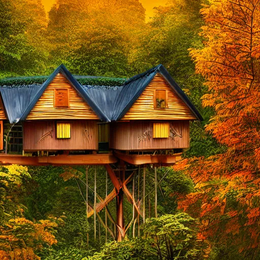 Image similar to a village full of tree houses nestled in a forest, modern architecture, golden hour, autumn leaves, realistic high quality art digital art