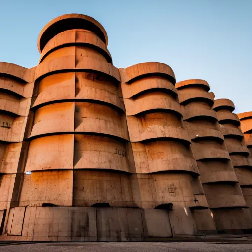 Image similar to a wide shot of a soviet beautiful brutalist monumental building, with many rounded elements sprouting from the base tower creating a feel of an organic structure, photography shot at golden hour