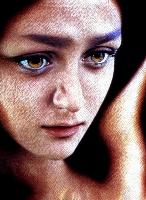 Image similar to pixel art from the film still from a 1971 award-winning Italian film of a young Mexican woman with brunette looking at the camera while in a swirling alternate reality. close-up of face with smokey eyeshadow. soft detailed painting at 16K resolution and amazingly epic visuals. epically beautiful image. amazing effect, image looks gorgeously crisp as far as it's visual fidelity goes, absolutely outstanding. vivid clarity. ultra detail. iridescent. mind-breaking. mega-beautiful pencil shadowing. beautiful face. Ultra High Definition. soft shading. soft texture. intensely beautiful.