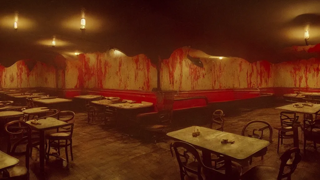 Image similar to the haunted fast food restaurant, film still from the movie directed by denis villeneuve and david cronenberg with art direction by salvador dali and zdzisław beksinski, wide lens