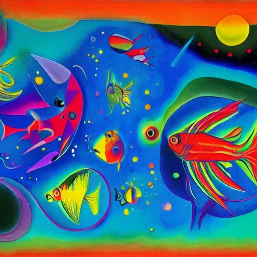Image similar to a hd surrealism painting of 3d starry galactic complimentary colored fish landscape by salvia kandalinsky the second, slinky malinky kandinskalvadali's much more talented painter cousin, 4k, ultra realistic