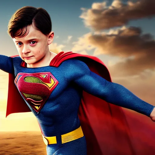 Prompt: noah schnapp as superman, realistic, 8 k, extremely detailed, cgi, trending on artstation, hyper - realistic render, 4 k hd wallpaper, premium prints available, by greg rutkowski